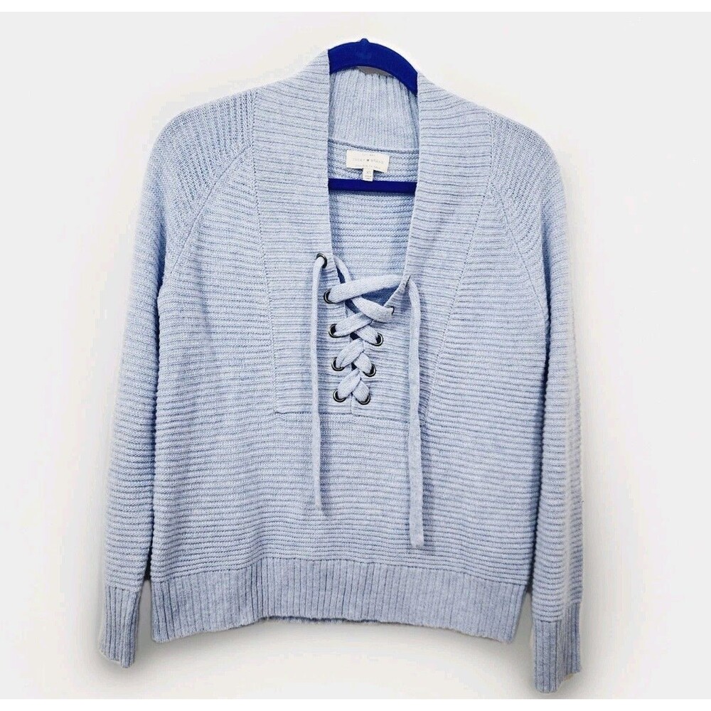 Lucky Brand Blue Lace Up Ribbed Knit Sweater Wool Blend Soft Cozy Size XS
